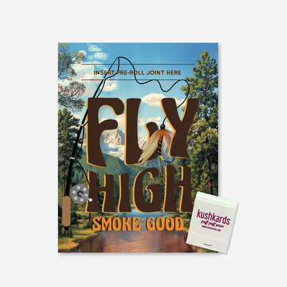 Greeting card with a vintage mountain scene and the phrase “Fly High Smoke Good,” featuring a slot to insert a pre-roll.
