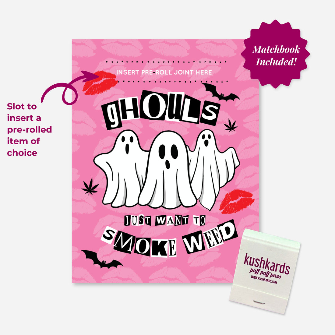 A greeting card with a pink background and a pattern of red lips. The card features three cartoon ghosts, bats, and cannabis leaves. The text reads &quot;GHOULS JUST WANT TO SMOKE WEED,&quot; and there&
