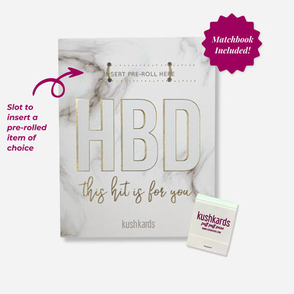 White and Grew swirl marble background with HBD this hit is for you text and white marble swirl with matchbook 