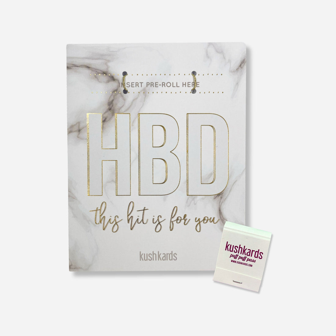 White and Grew swirl marble background with HBD this hit is for you text and white marble swirl with matchbook 