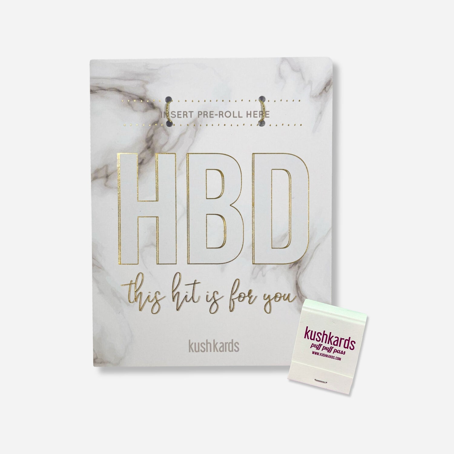 White and Grew swirl marble background with HBD this hit is for you text and white marble swirl with matchbook 