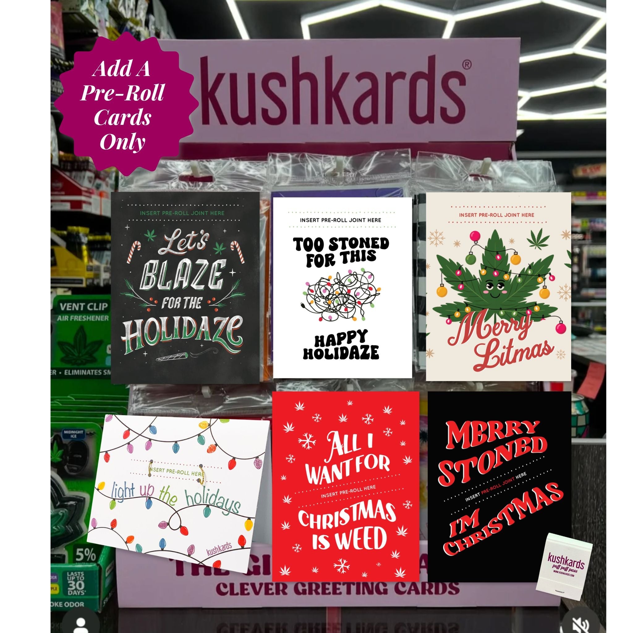 Kushkards holiday-themed cards displayed on a stand with branding and product information.