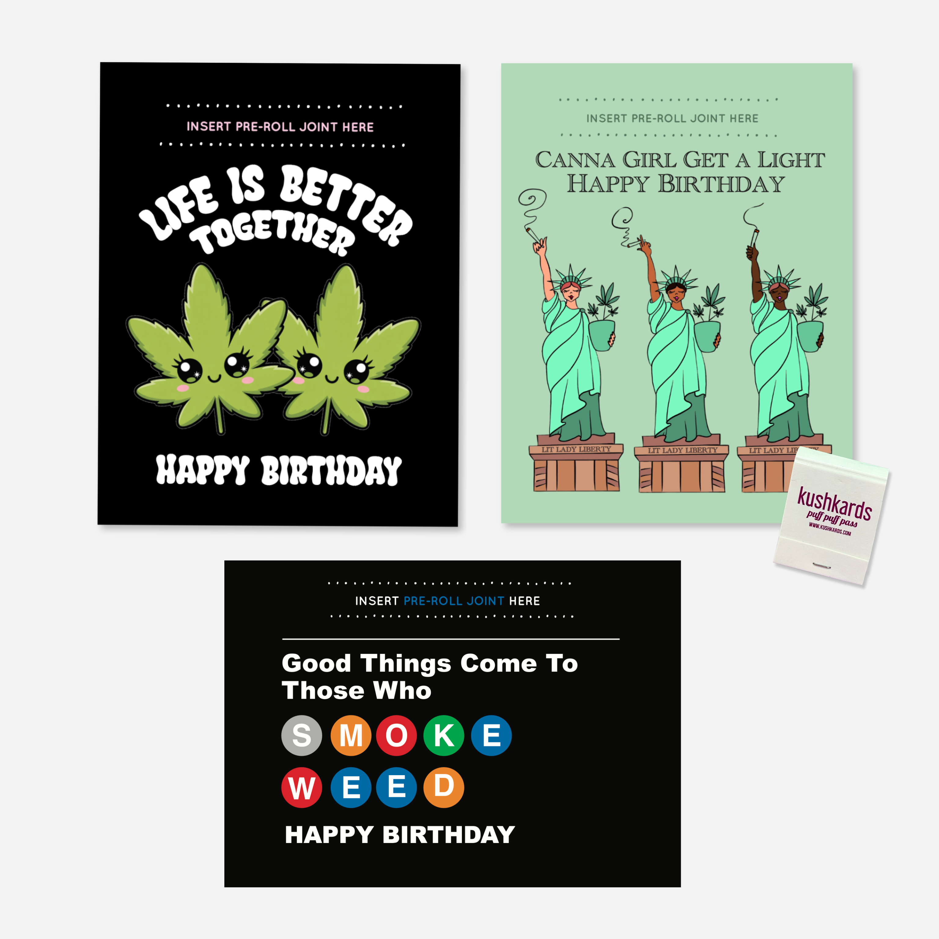 Three Birthday Themed Greeting Cards with an add a pre roll slot and a kushkard branded matchbook on a light grey background 