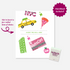 Illustration of a greeting card featuring New York City symbols: a yellow taxi, a slice of pizza, a MetroCard, a building, and the text "NYC" in pink. The card has a playful design with various colorful elements on a white background.
