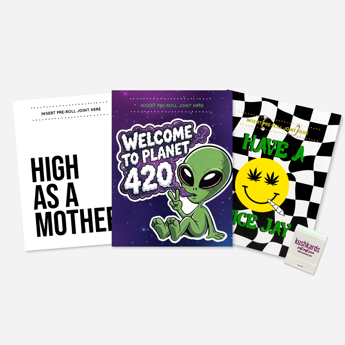 Three 420 Themed Greeting Cards with a slot to insert a pre-roll and a kushkards matchbook