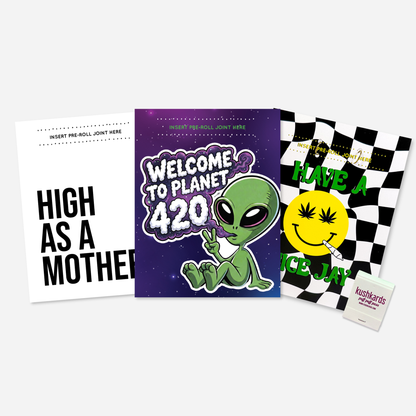 Three 420 Themed Greeting Cards with a slot to insert a pre-roll and a kushkards matchbook
