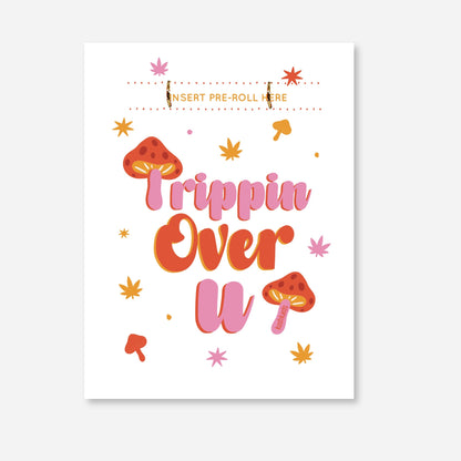 Trippin Over You Text with pink and orange accents on a white background with a matchbook