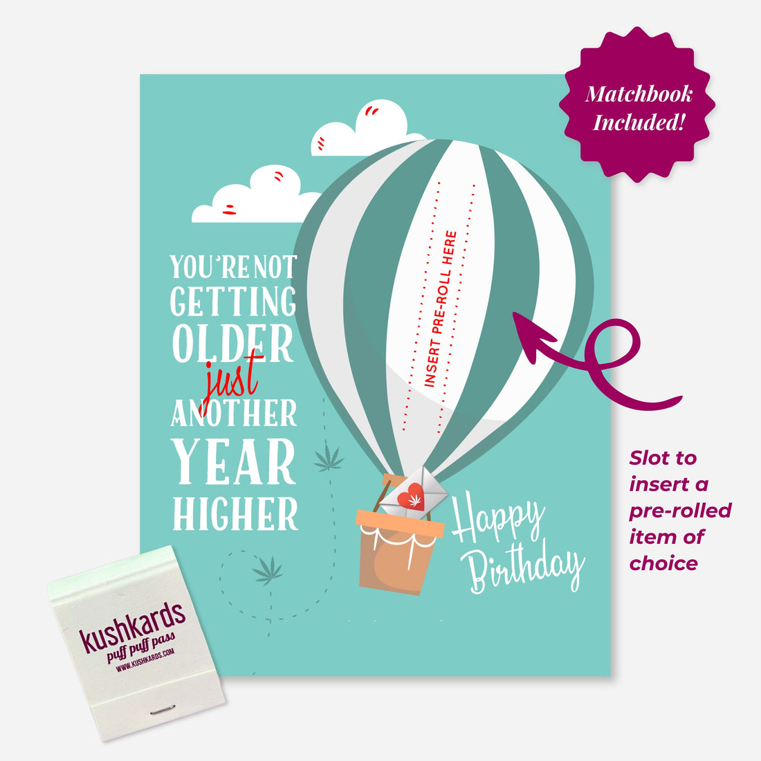 Birthday card with hot air balloon design and humorous text on a teal background that says &quot;You&