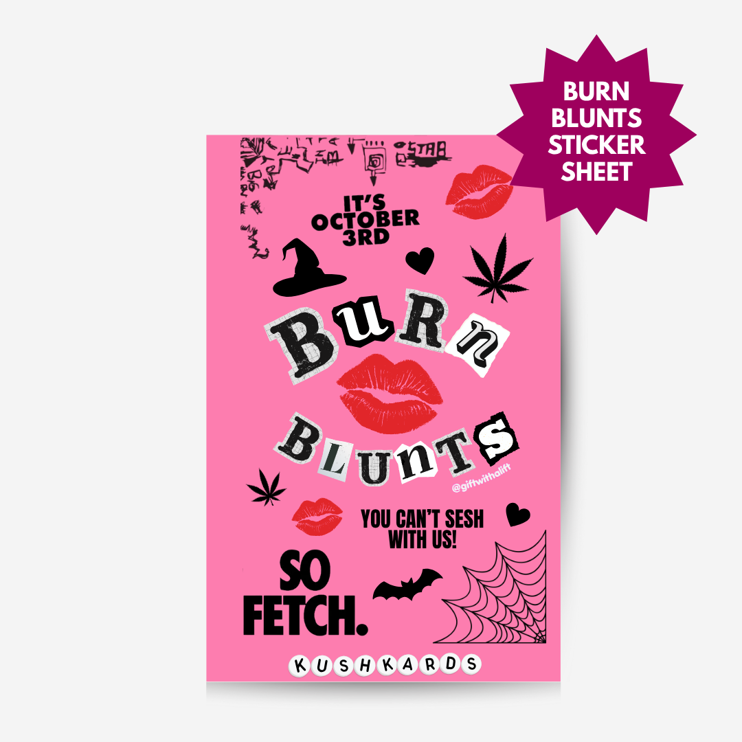 A pink burn blunts sticker sheet featuring Halloween-themed designs such as lips, a witch hat, cannabis leaves, bats, and spiderwebs, with the text &