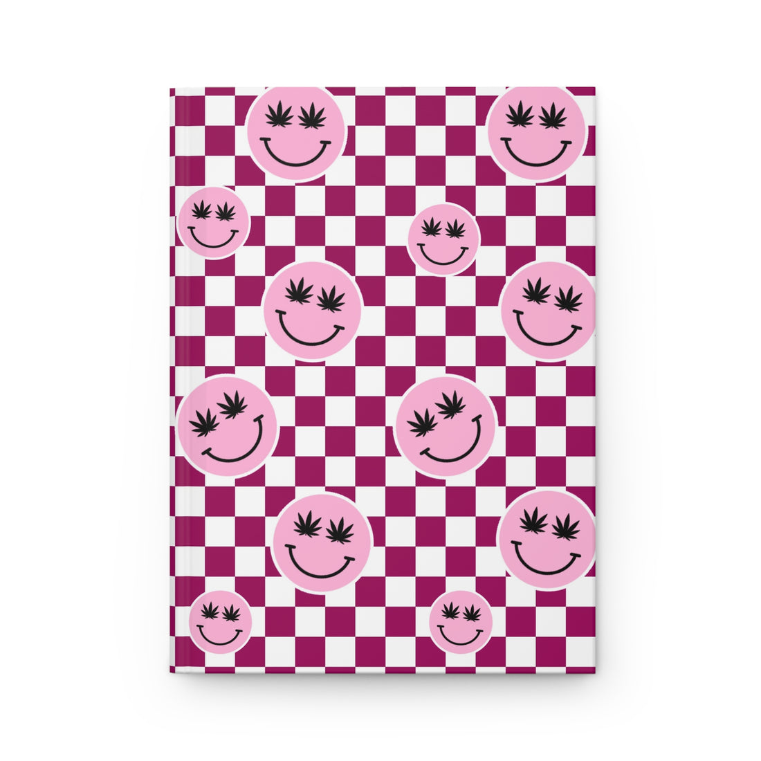 Pink smiley faces with marijuana leaf eyes on a bold magenta and white checkerboard background.