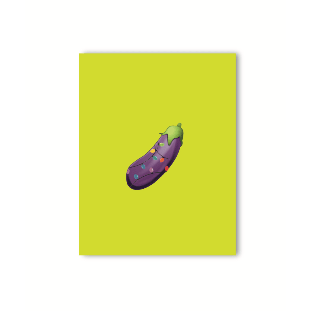 Naughty holiday card with a lit eggplant emoji on a lime green background, the perfect mix of cheeky and festive.