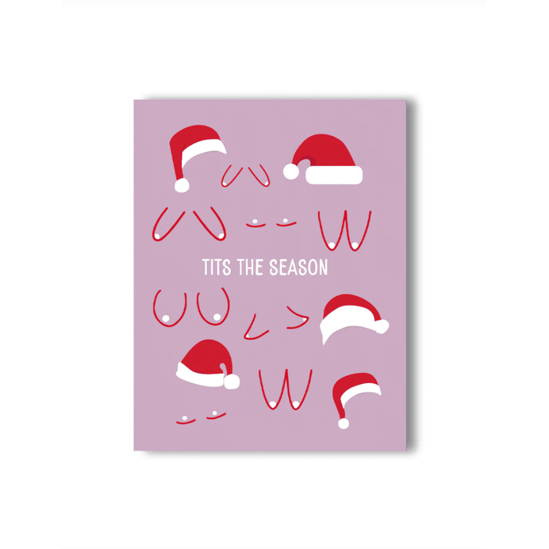 Festive lavender holiday card with cartoon breasts wearing Santa hats, with the phrase &