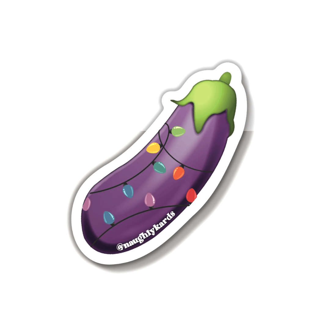 Festive eggplant emoji sticker wrapped in Christmas lights, adding a fun and suggestive holiday flair to decorations and gifts.