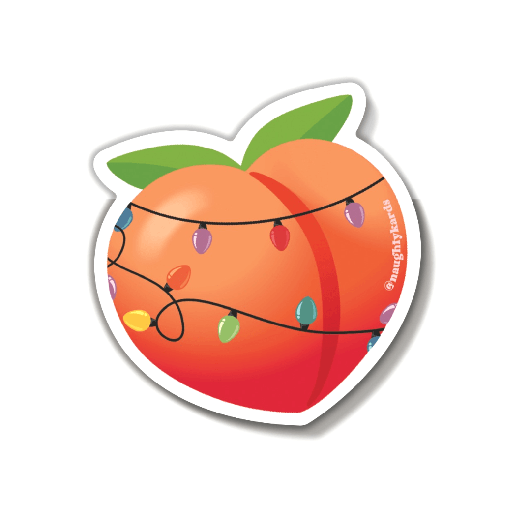 A peach emoji wrapped in holiday lights