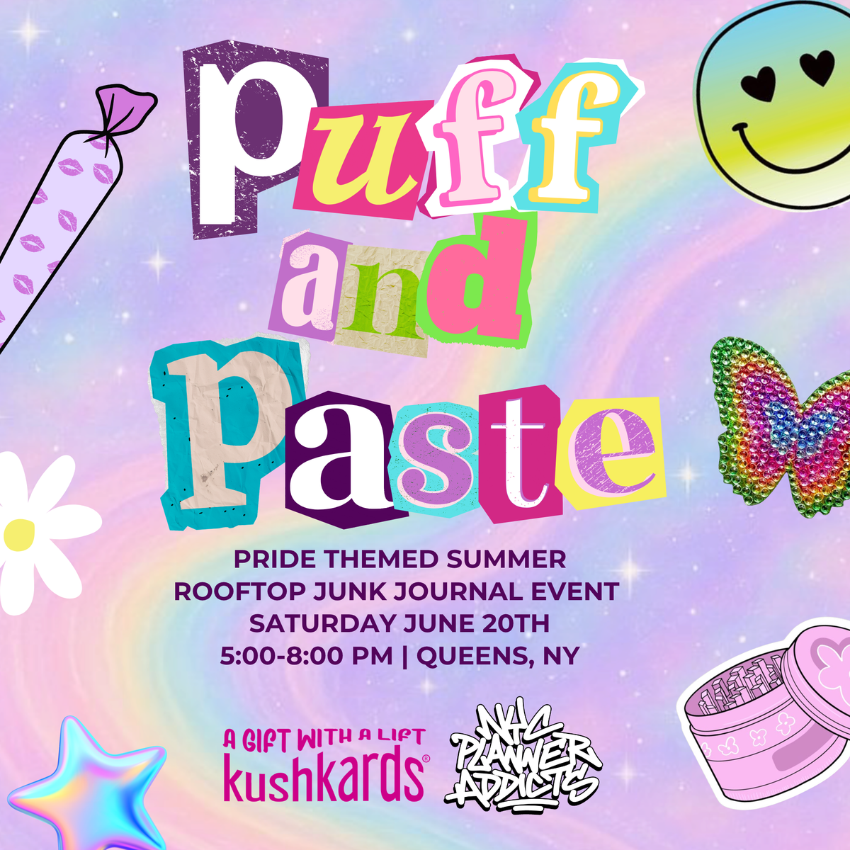 Promotional flyer for 'Puff and Paste' Pride themed rooftop event with colorful text and graphics.