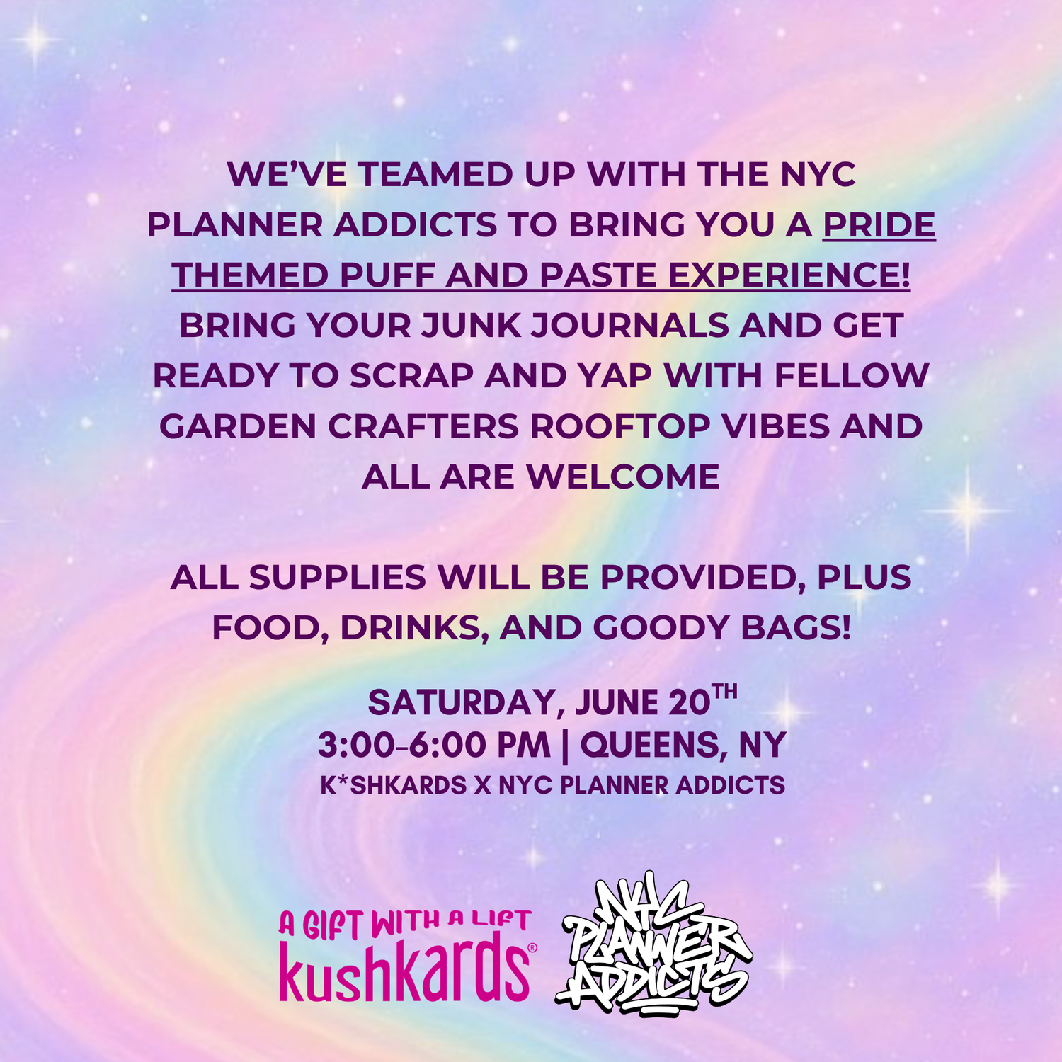 Promotional flyer for a Pride-themed event with colorful background and text.