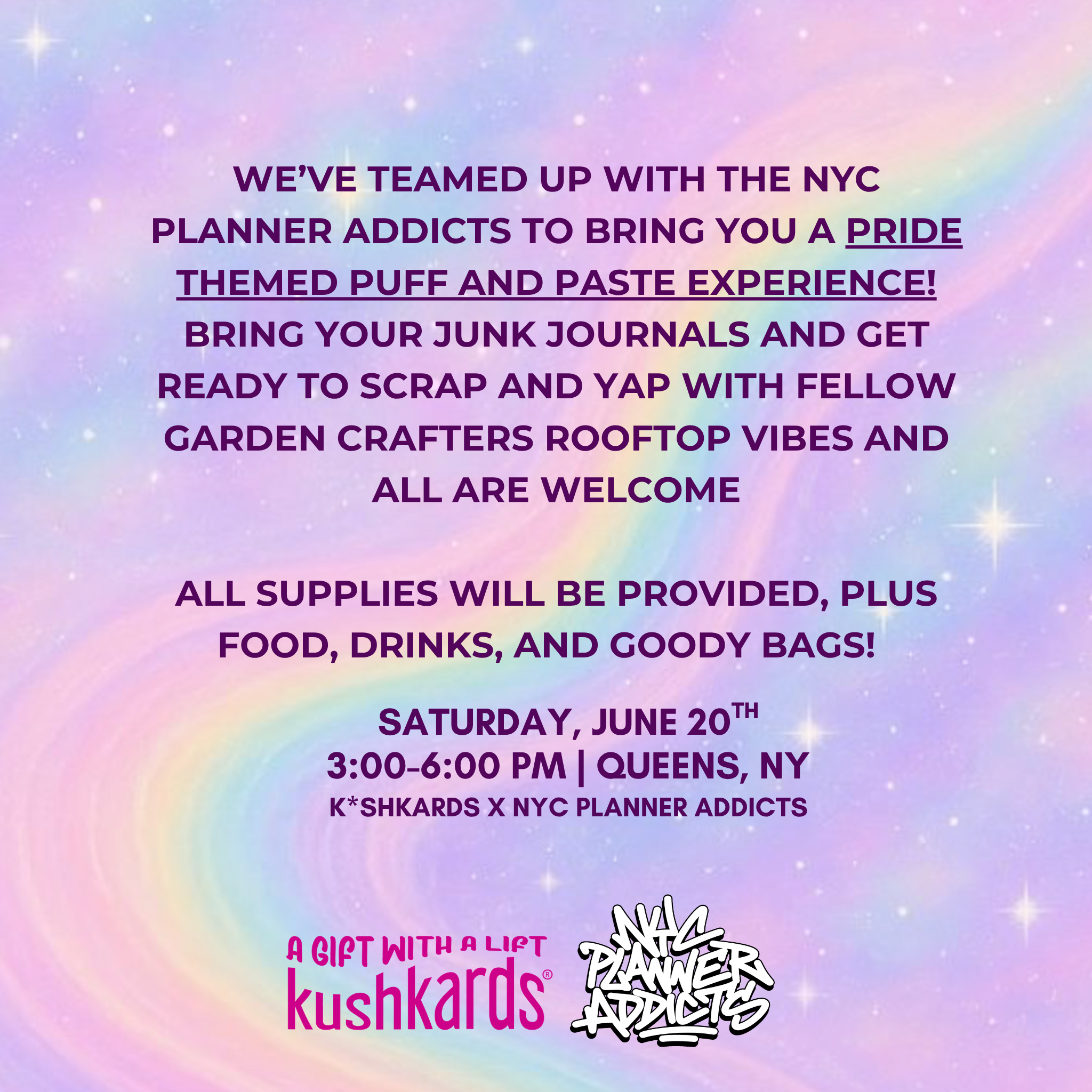 Promotional flyer for a Pride-themed event with colorful background and text.