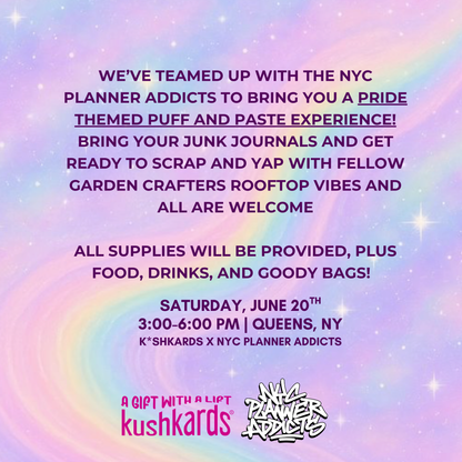 Promotional flyer for a Pride-themed event with colorful background and text.