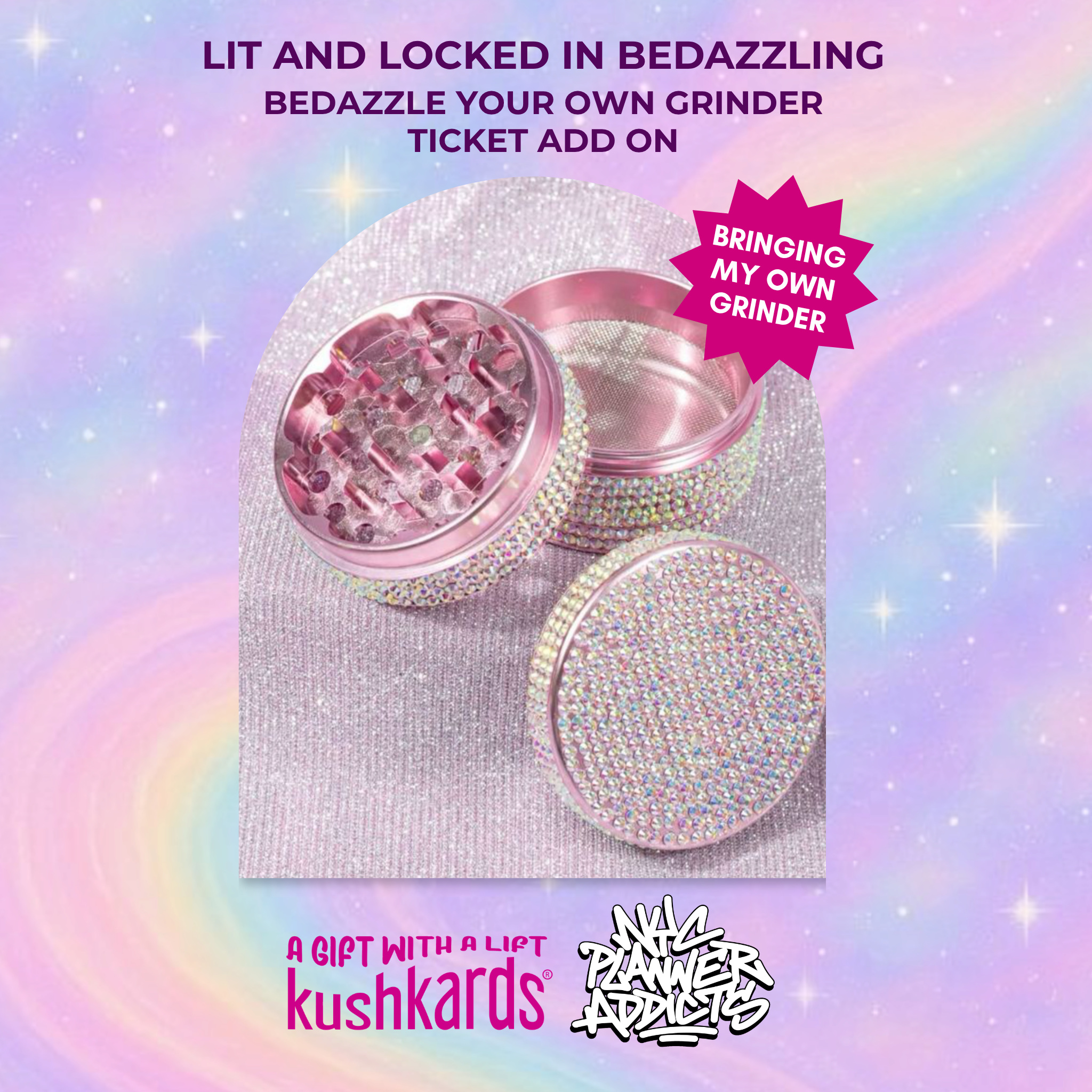 Pink grinder with glittery accents on a sparkly background, featuring Kushkards branding.