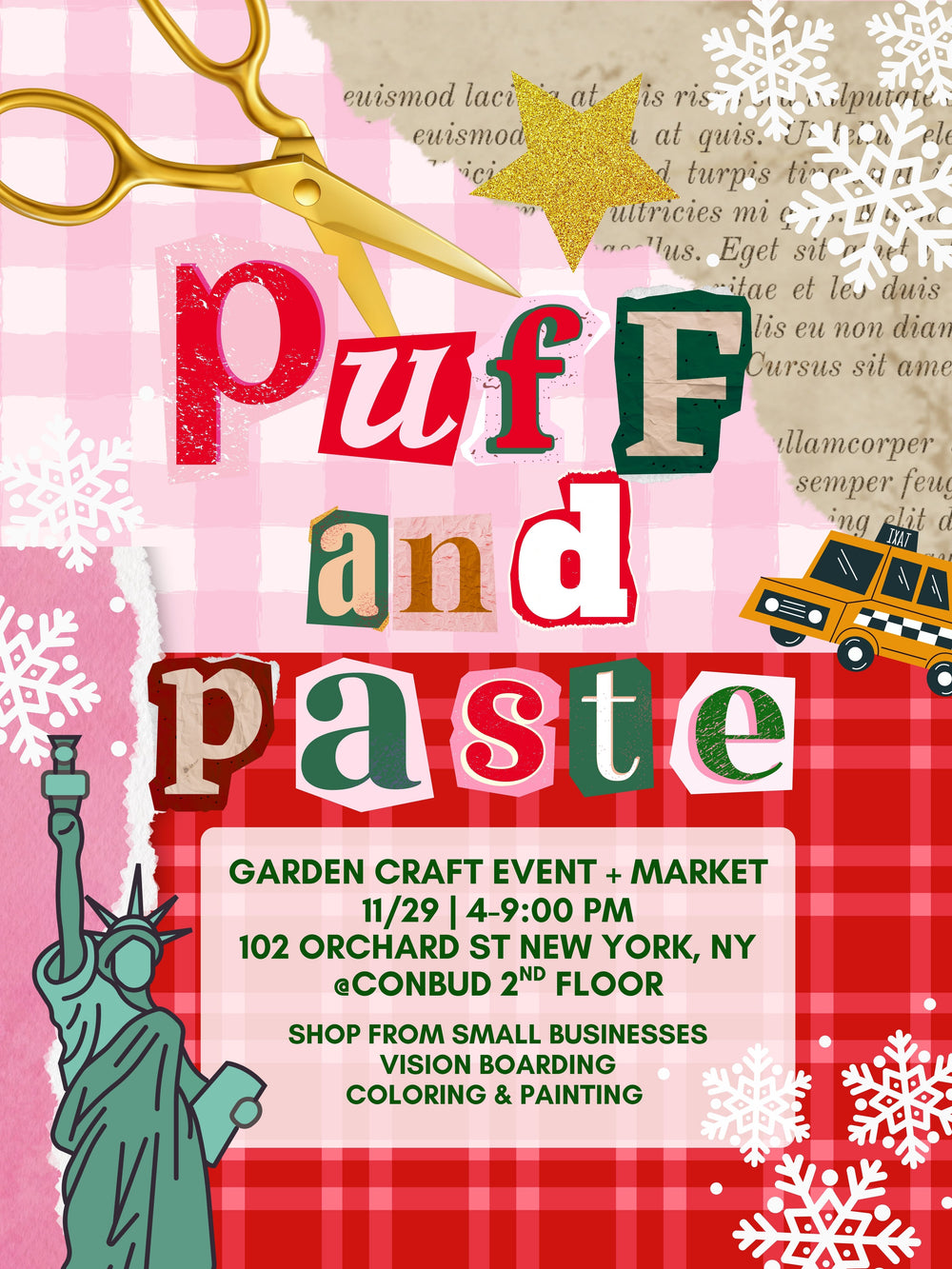 Promotional flyer for 'Puff and Paste' event with text and graphics on a red and pink checkered background.