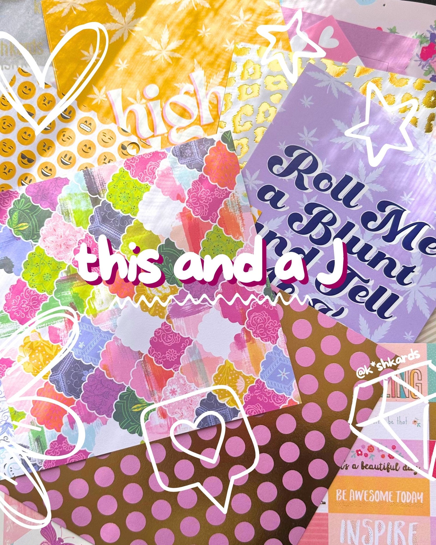 Patterned scrapbook paper set with clouds, hearts, animal print, pink S’s, checkered backgrounds, and colorful swatches for junk journals