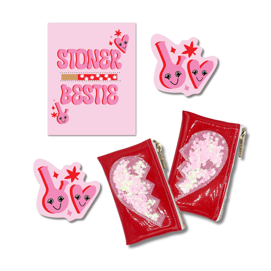 Stoner Bestie Best Buds Clutch Gift Set featuring a greeting card with one-hitter, two fun stickers, and a matching set of sparkly clutches, the ultimate token of appreciation for your cannabis companion.