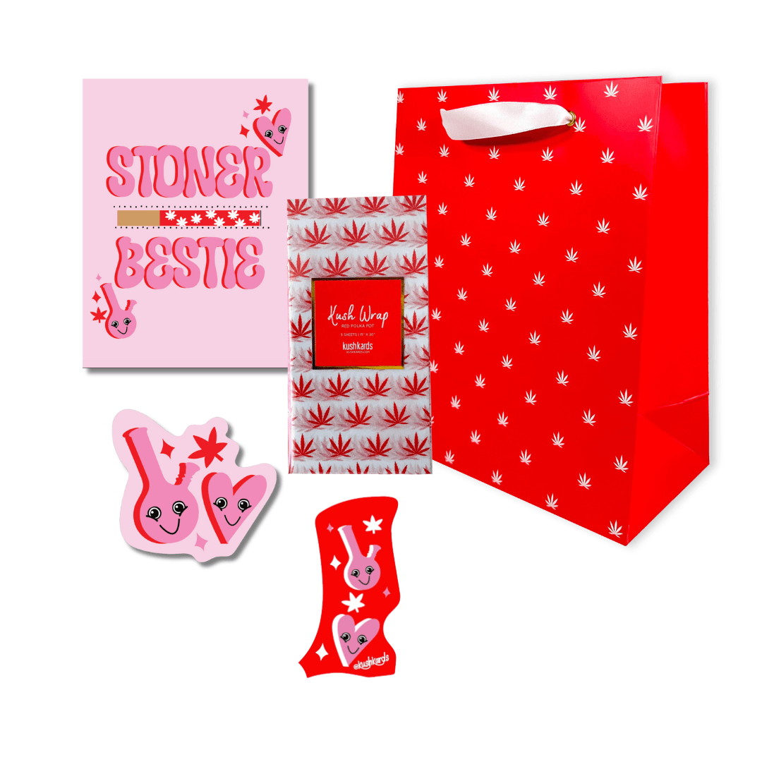 Stoner Bestie Toker Poker Gift Bag Set with card, sticker, and lighter case, wrapped in themed tissue paper and presented in a matching gift bag for cannabis enthusiasts.