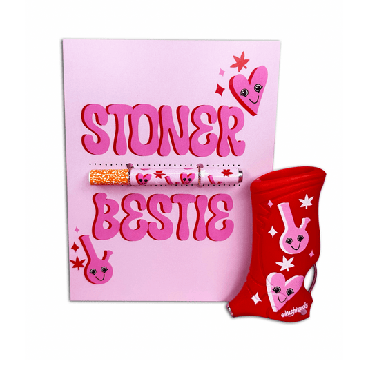 Fun and functional 'Stoner Bestie Greeting Card & Toker Poker Set' featuring a one-hitter card and a red lighter case, perfect for gifting to your smoking pal.