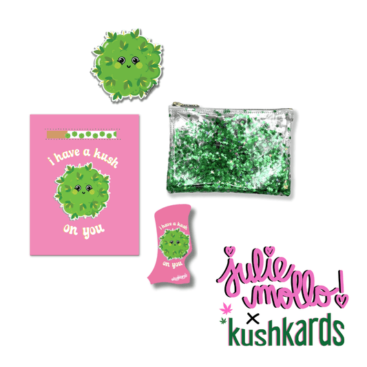 Kush on You Gift Set with greeting card, one-hitter, Toker Poker lighter case, Cute Bud sticker, and green confetti midi klutch for the perfect cannabis-themed present.