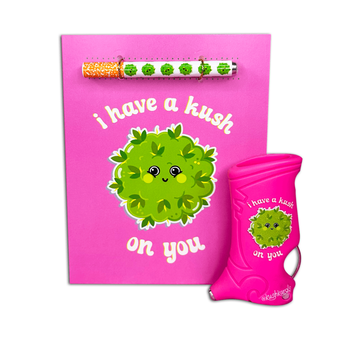 Adorable 'Kush on You Greeting Card & Toker Poker Set' with a pink one-hitter card and matching lighter case, ideal for gifting to your special someone.