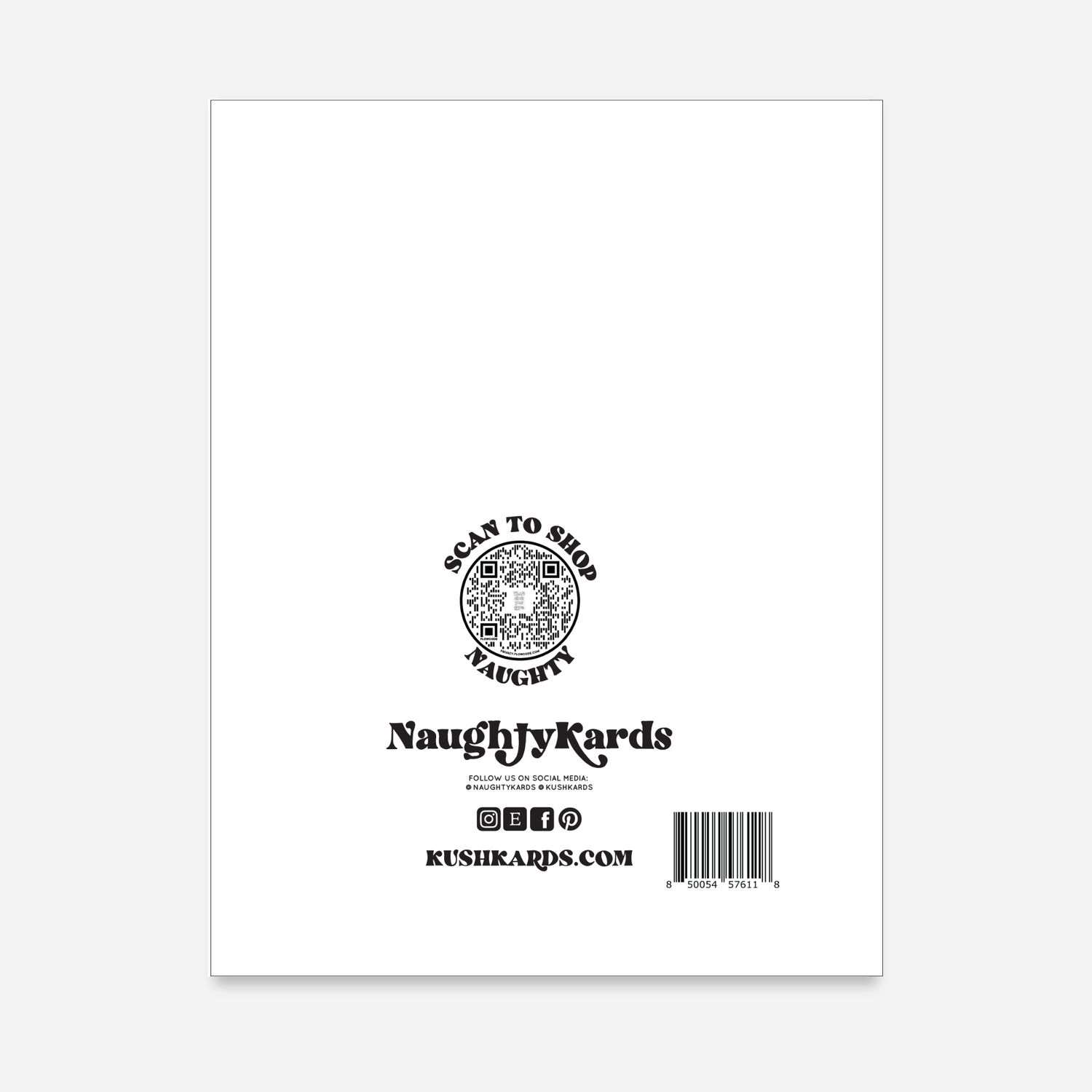 Back of the NaughtyKards greeting card with QR code and shop details.