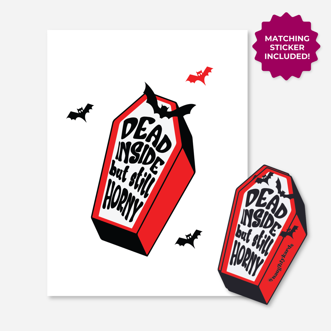 Dead But Horny Naughty Greeting Card set showing the card and matching sticker with coffin and bat design.
