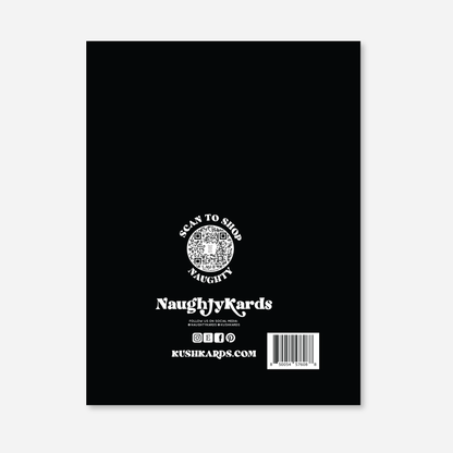 Back of the NaughtyKards greeting card with a black background, QR code, and shop details.