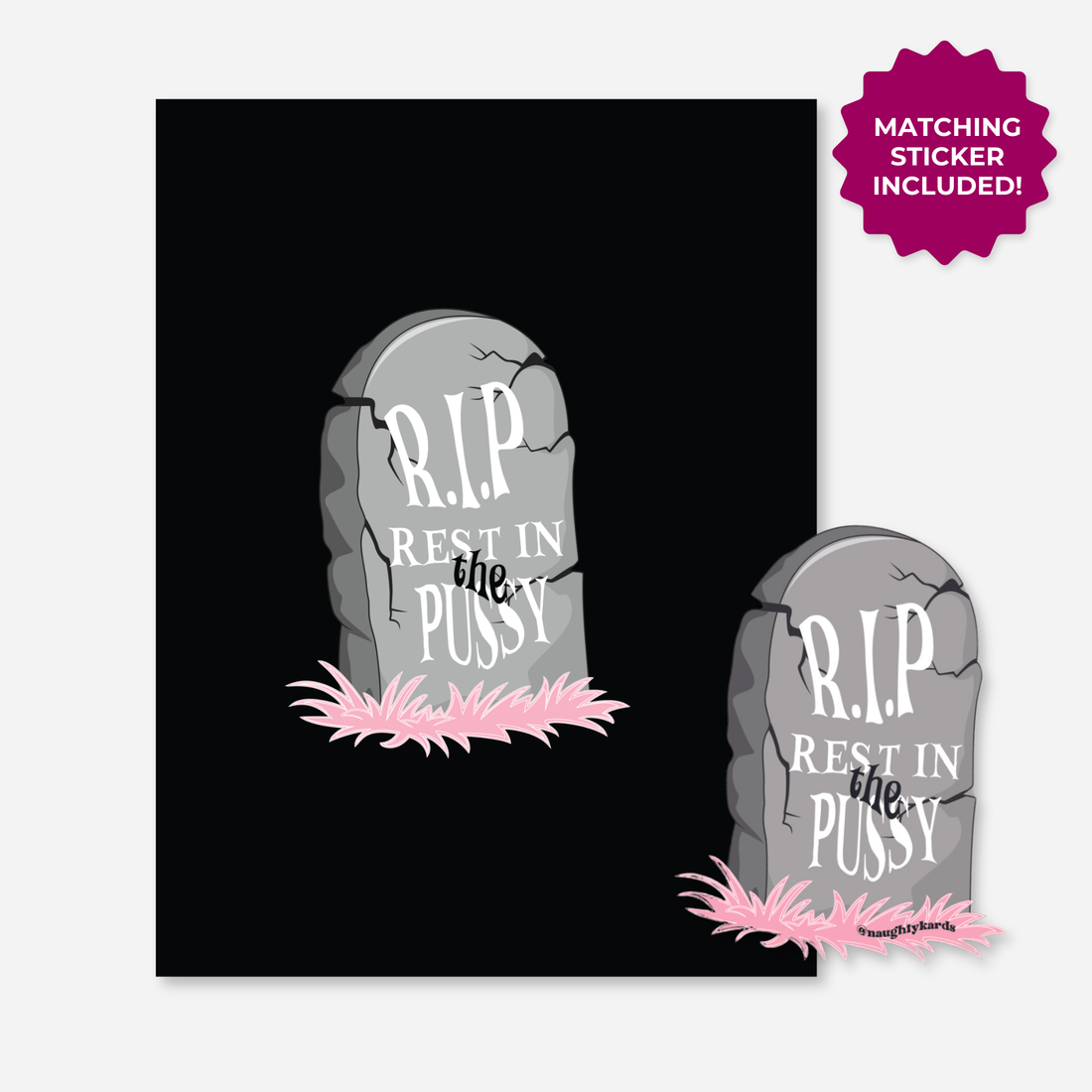 RIP Pussy Naughty Greeting Card set showing the card and matching sticker with tombstone design.