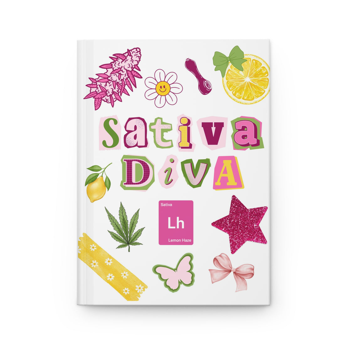  &quot;Sativa Diva&quot; notebook with a scrapbook-style collage of a cannabis leaf, lemon, pink bows, and other girly stickers.