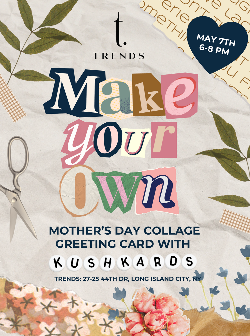 Promotional flyer for a Mother's Day collage greeting card event with text and decorative elements.