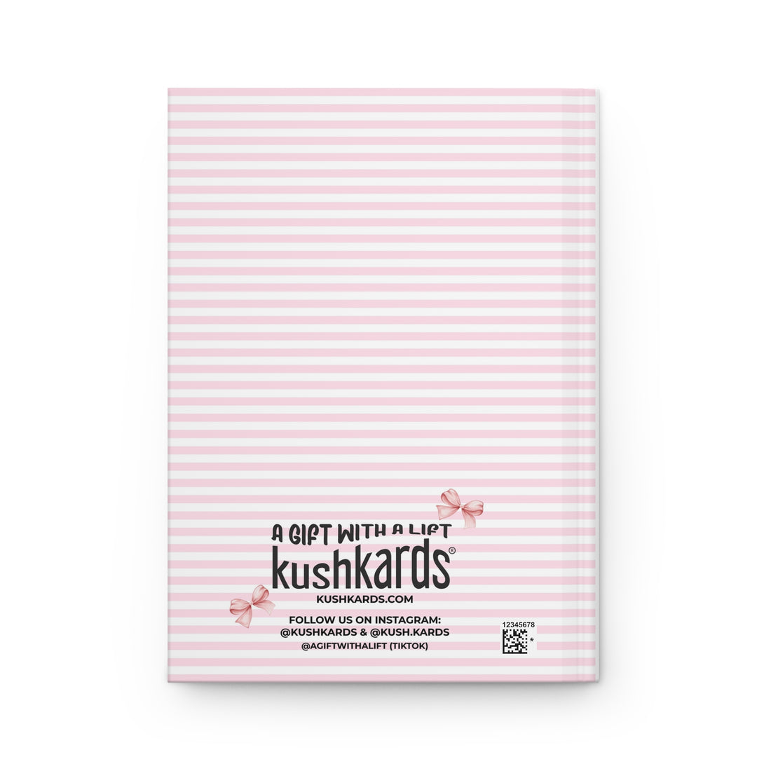 &quot;Stoner Girl Problems&quot; notebook with a pattern of pink bows on a pink and white striped background.
