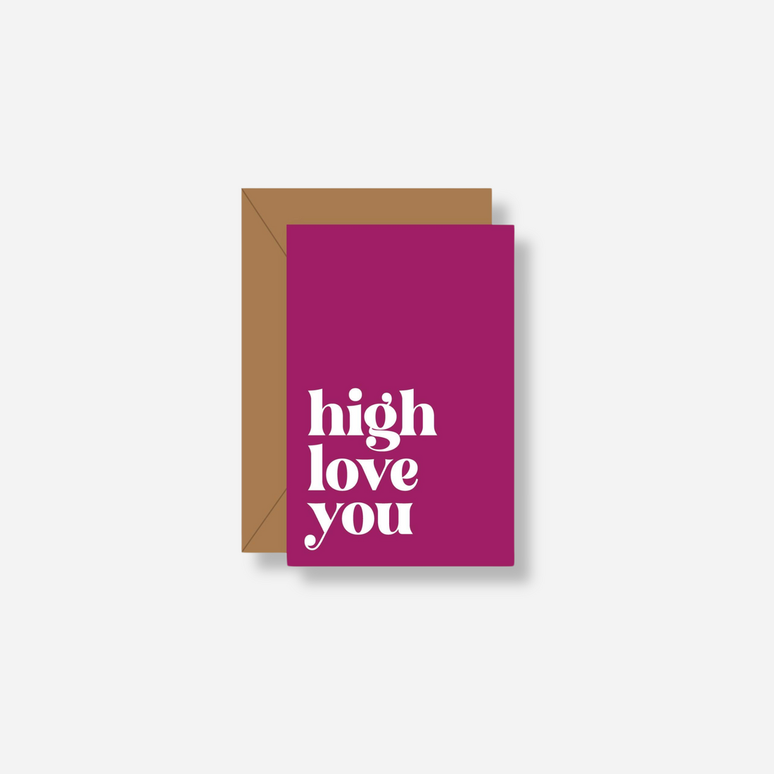 High Love You in white text on a vibrant fuchsia Tiny Card with envelope