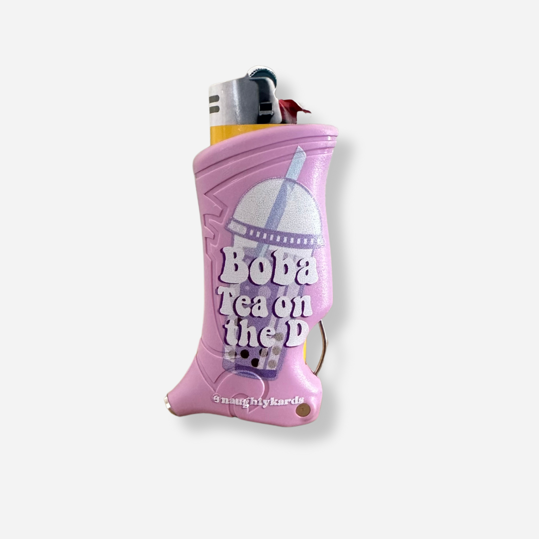 Boba Tea Naughty Toker Poker Lighter Case in pastel lilac with playful bubble tea design and built-in smoking tools.