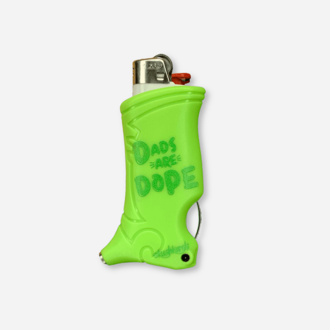 Dope Dad Toker Poker Lighter Case in vibrant green with the message "Dads Are Dope," featuring a built-in poker and tamper.