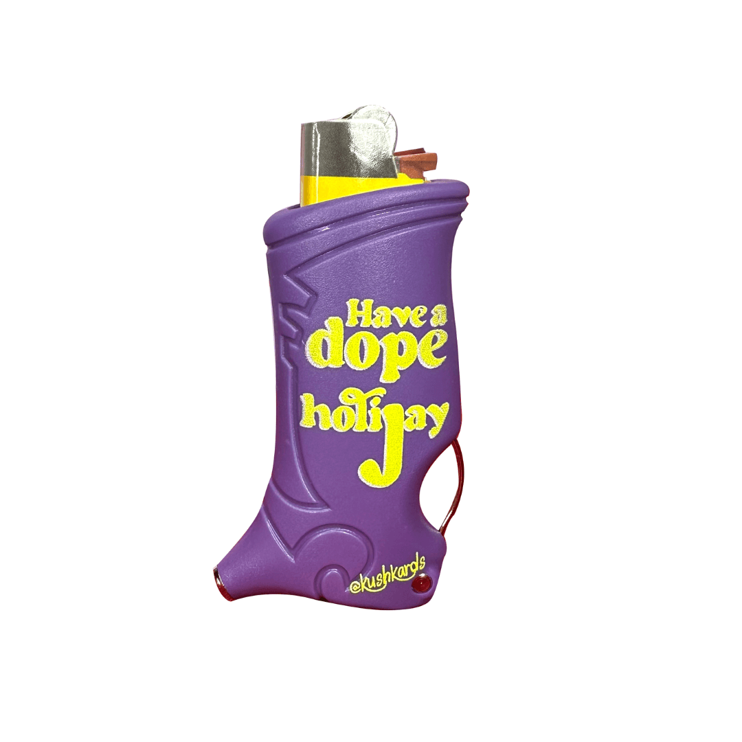 Purple 'Dope HoliJay Toker Poker' lighter case with lime green text, a versatile tool for the holiday season.