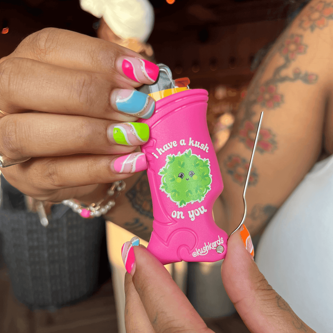 Our Kush On U Toker Poker is a hot pink lighter case with a cute bud on it that says "I have a kush on you"