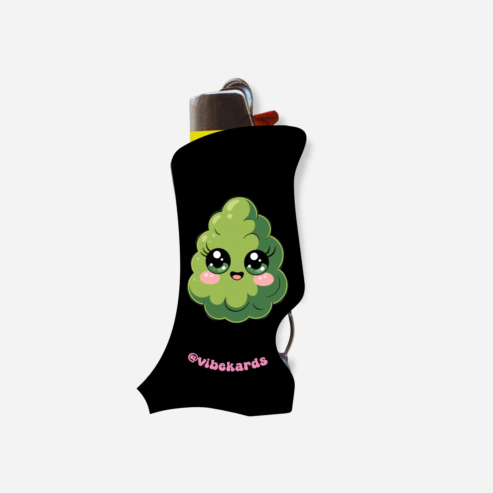 Black lighter case with a green cannabis leaf design and &