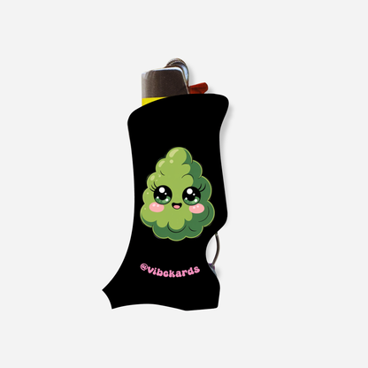 Black lighter case with a green cannabis leaf design and &