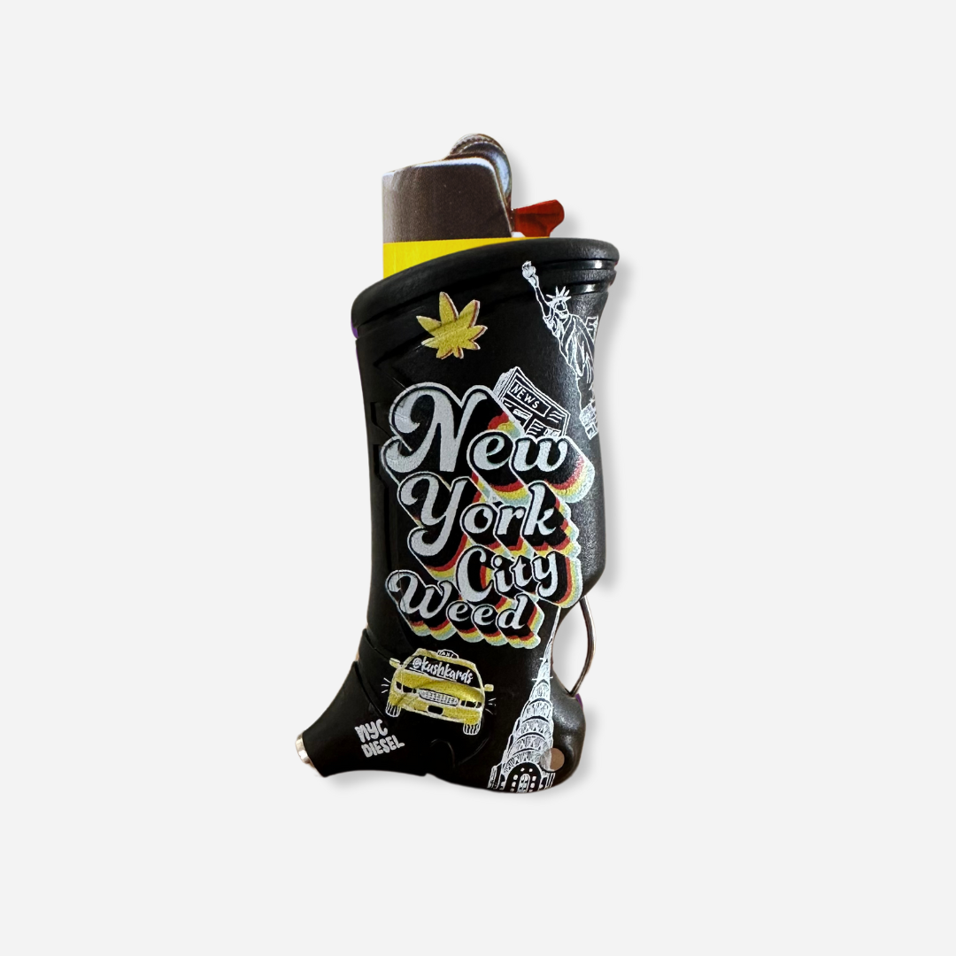 New York City Weed Toker Poker Lighter Case against artistic background with NYC-inspired doodles.