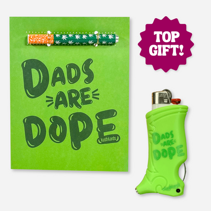 &quot;Dads Are Dope&quot; greeting card with a matching one-hitter pipe and matching Toker Poker Lighter Case, featuring a vibrant green design.