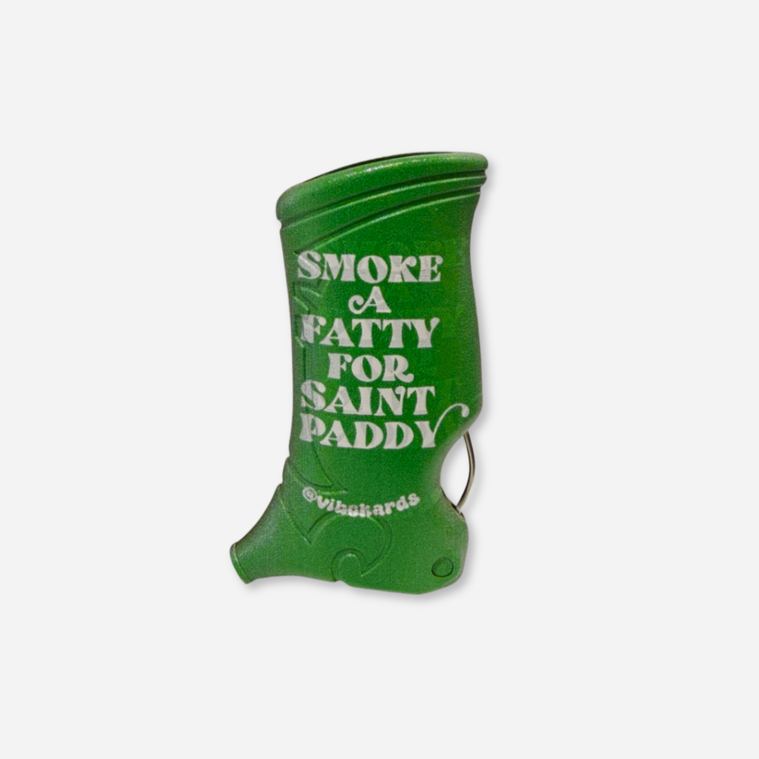 Green Toker Poker with Smoke a fatty for saaint paddy text on a lighter case on a light background 