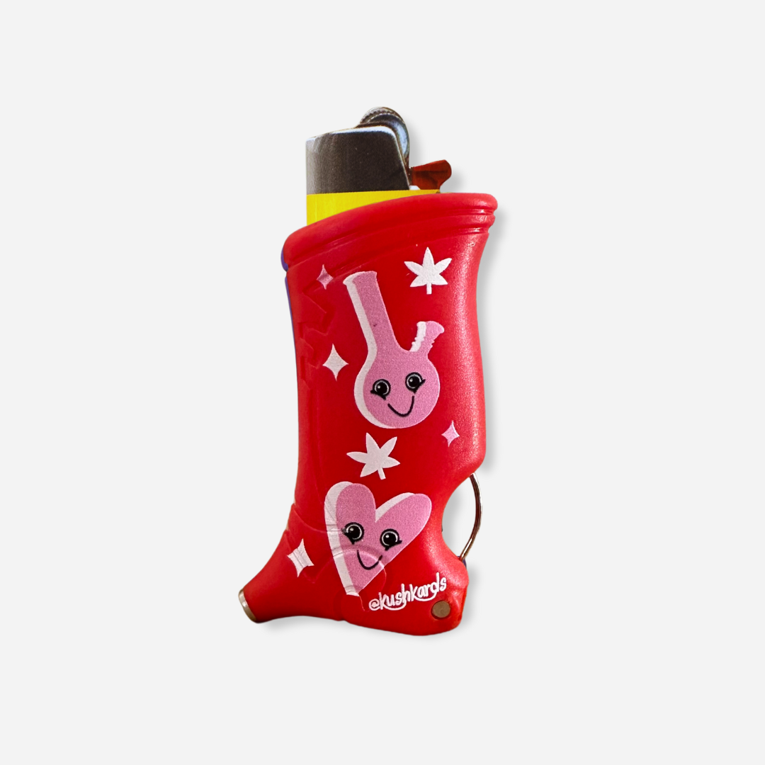 Cheerful red 'Stoner Bestie Toker Poker Lighter Case' with cute bong and heart illustration, the perfect lighter case and multitool for friends who smoke together.