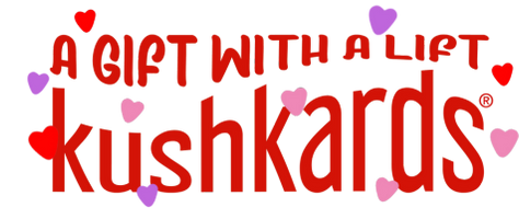 Kushkards logo with red text and decorative hearts on a pink background