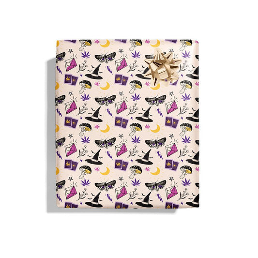 Crystal Ball Wrapping Paper with 3 sheets per roll at 22" x 29" wide with a witch hat print 
